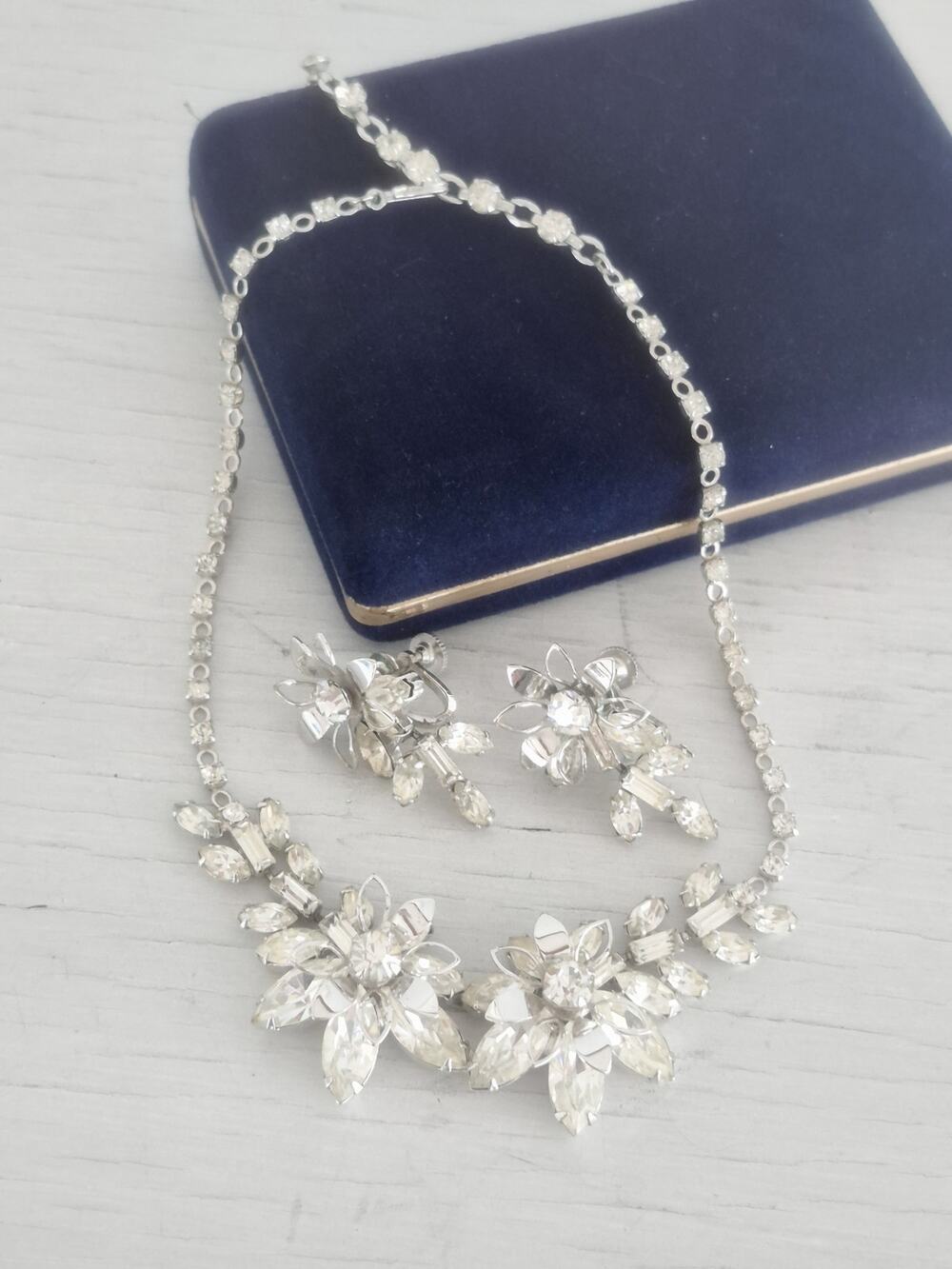 Vintage Duane Signed Floral Rhinestone Necklace and Earring Set